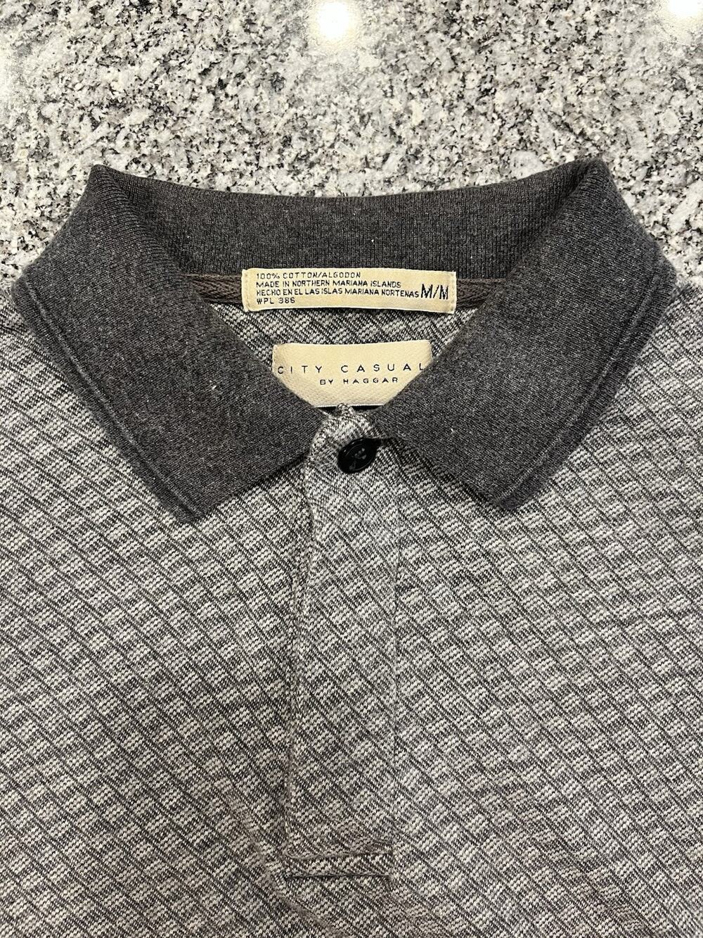 Haggar City Casuals Men's M Gray/Black Geometric Short Sleeve Cotton Polo